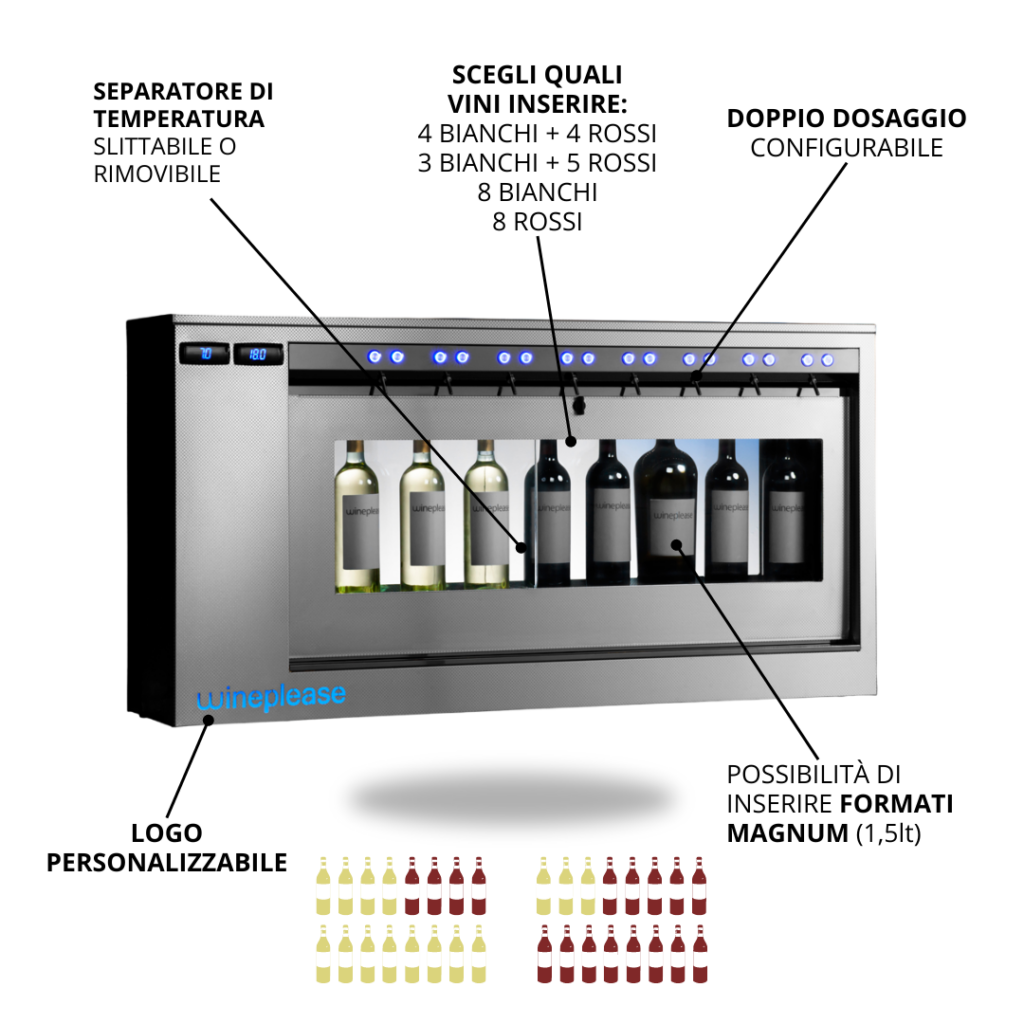 Wine dispenser da 8 bottiglie per conservare ed erogare vini bianchi e rossi