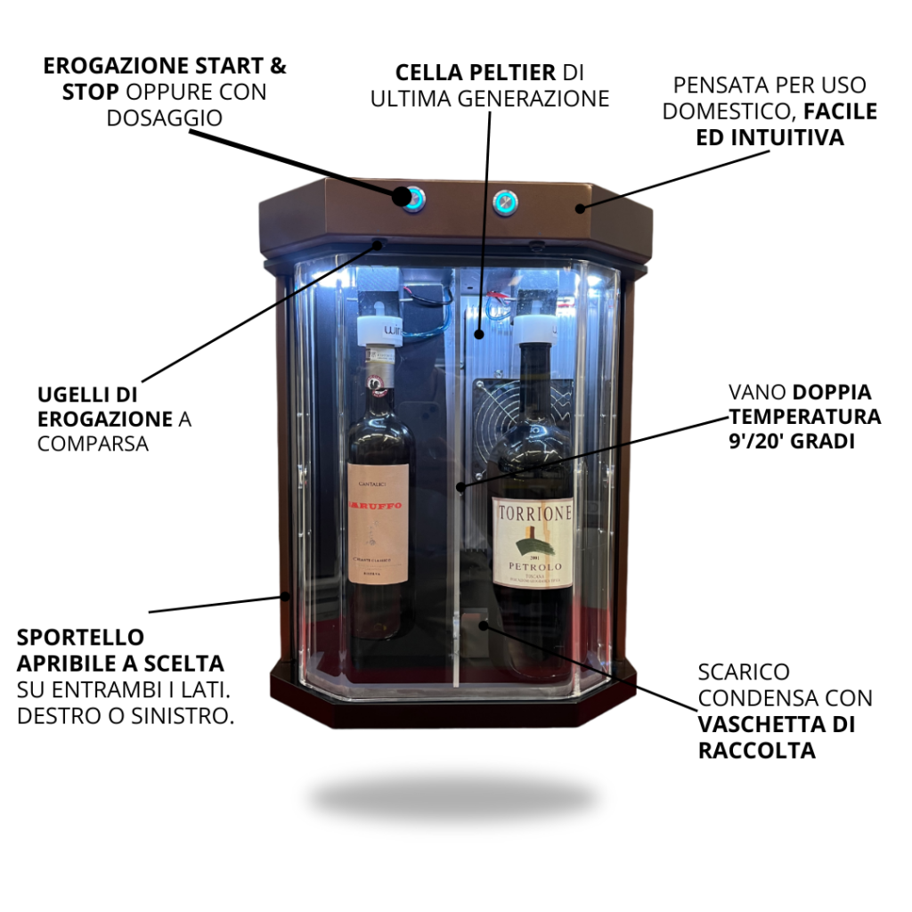 Dispenser vino due bottiglie in vetro pensato per l'uso domestico.